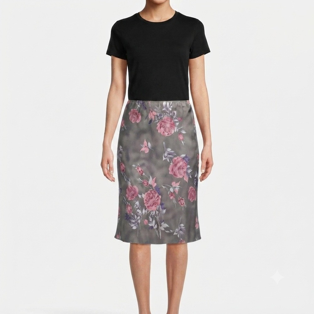 Sense Skirt Womems Medium USA Gray Pink Floral Rose Print Midi Elastic Waist